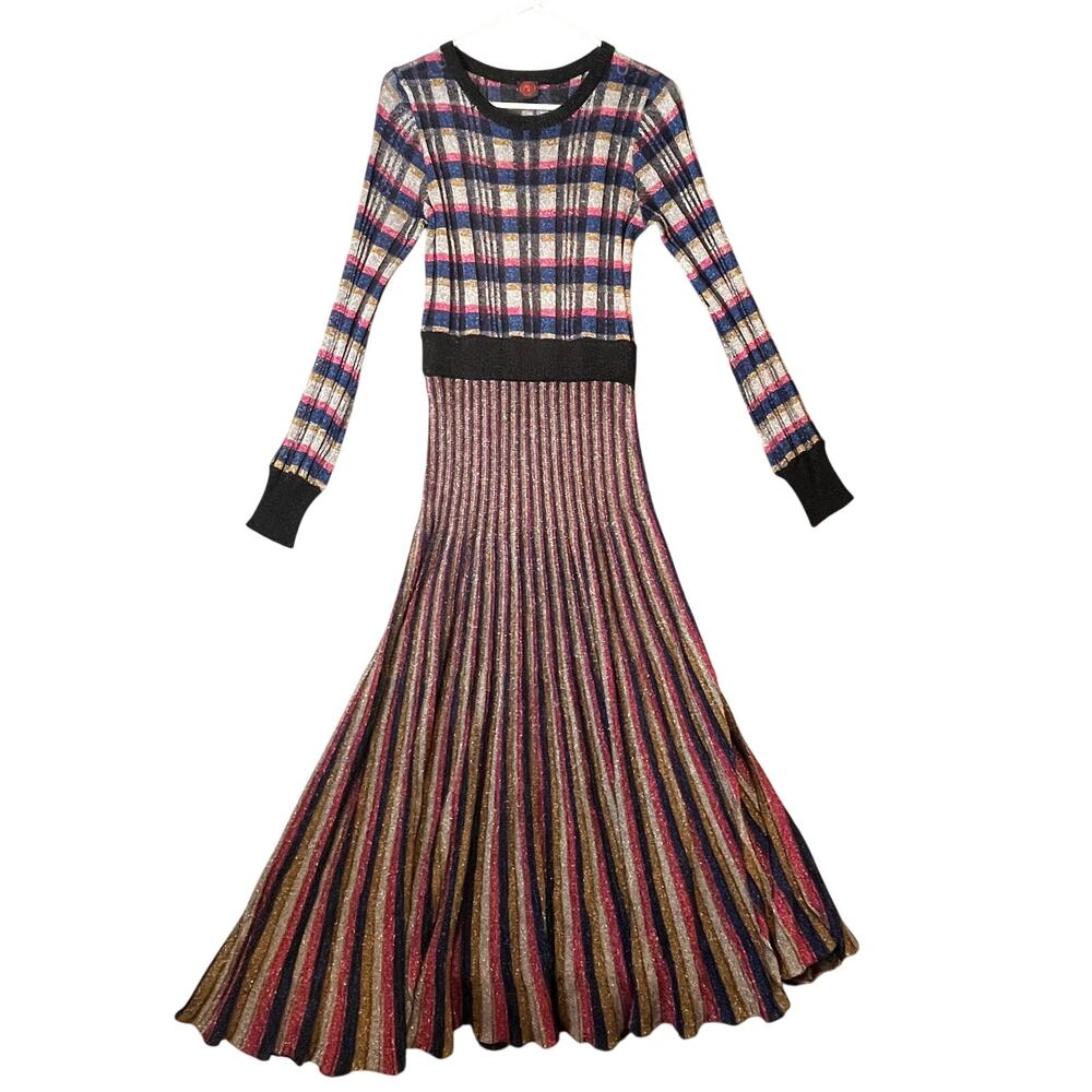 Happy Sheep Colorful Metallic Knit Fit & Flare Long Sleeve Midi Dress Sz‎ Small